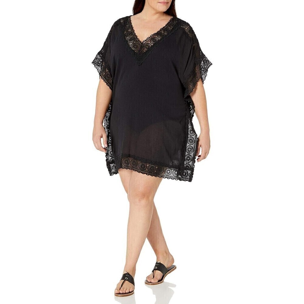 La Blanca Women's Tunic Swim Cover-Up Black‎ Large Solid Short Sleeve V-Neck